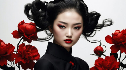 The Portrait of a Chinese girl in black dress with white and black flower