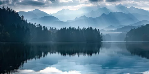 Crédence de cuisine en verre imprimé Matin avec brouillard Lake nestled amidst mountains and forests in morning fog