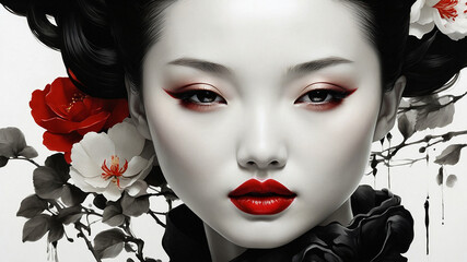 The Portrait of a Chinese girl in black dress with white and black flower