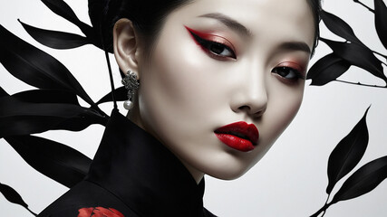 The Portrait of a Chinese girl in black dress with white and black flower