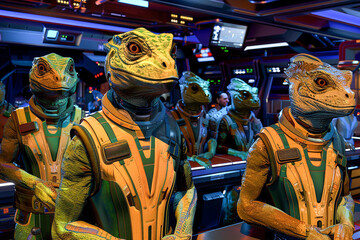 A team of dinosaur astronauts in uniforms stands ready inside a spaceship.