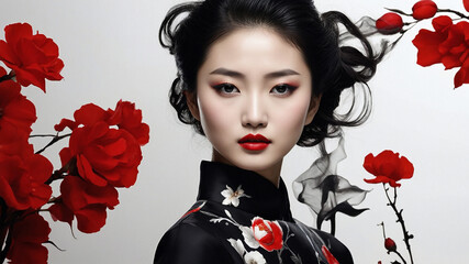 The Portrait of a Chinese girl in black dress with white and black flower