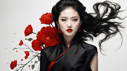 The Portrait of a Chinese girl in black dress with white and black flower