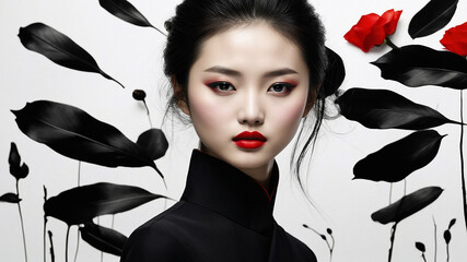 The Portrait of a Chinese girl in black dress with white and black flower