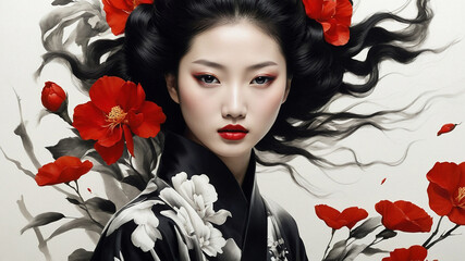 The Portrait of a Chinese girl in black dress with white and black flower