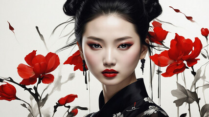 The Portrait of a Chinese girl in black dress with white and black flower