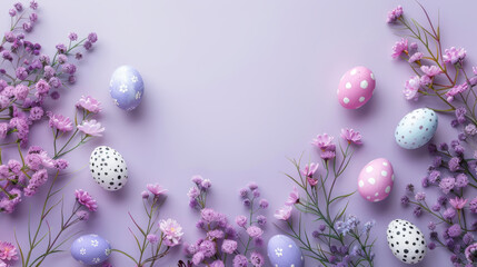 Fototapeta na wymiar Vibrantly colored Easter eggs and purple flowers provide a lively border and banner with blank space for text