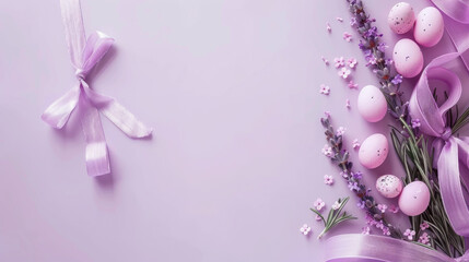 Elegant Easter composition with a lavender ribbon and patterned eggs, providing a refined banner with blank space