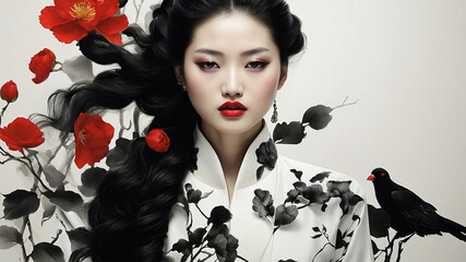 The Portrait of a Chinese girl in black dress with white and black flower