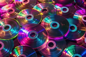 Assortment of shiny compact discs reflecting a spectrum of colors in a pattern, symbolizing data storage