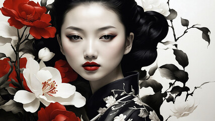 The Portrait of a Chinese girl in black dress with white and black flower