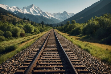 A landscape of a railway track with mountains background