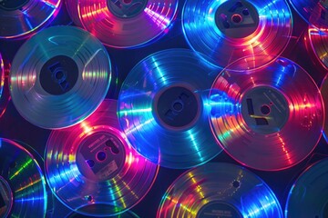 Assortment of shiny compact discs reflecting a spectrum of colors in a pattern, symbolizing data storage - obrazy, fototapety, plakaty