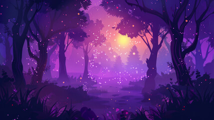 Mystical twilight scene in a purple enchanted forest, a magical banner with blank space