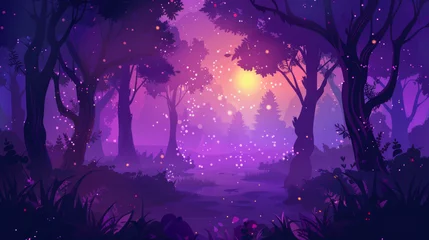 Selbstklebende Fototapeten Mystical twilight scene in a purple enchanted forest, a magical banner with blank space © road to millionaire