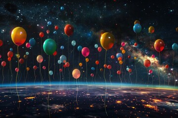 Colorful balloons rising into a mesmerizing night sky with stars and galactic clouds - obrazy, fototapety, plakaty