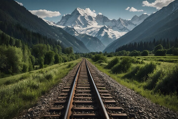Fototapeta premium A landscape of a railway track with mountains background
