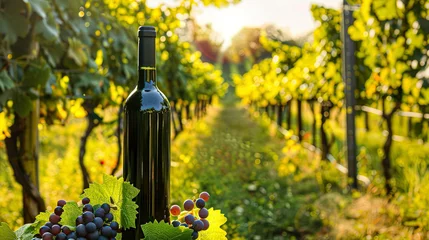 Gordijnen Blank Wine Bottle in Vineyard Vista: Wine Bottle Amidst Lush Vines and Sunny Skies © Chich