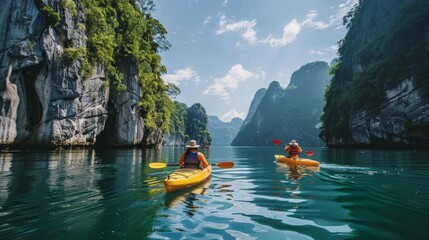 An adventurous duo kayaking through tranquil waters, flanked by towering cliffs and lush forests.