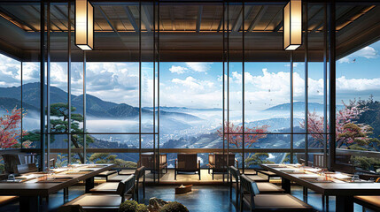 Japanese Restaurant Interior with Stunning Outdoor View