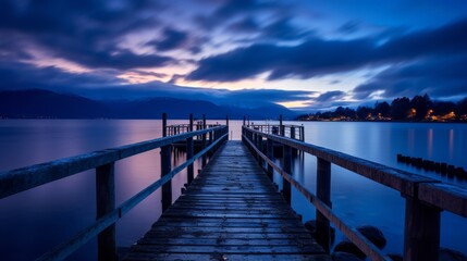 Dock and pier at sea in twilight long exposure - obrazy, fototapety, plakaty