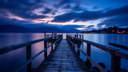 Schilderijen op glas Dock and pier at sea in twilight long exposure © MOUISITON