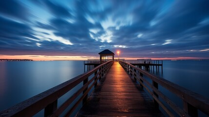 Fototapeta na wymiar Dock and pier at sea in twilight long exposure