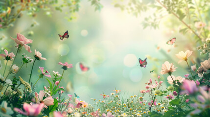 A mesmerizing scene of a flower-filled meadow with delicate butterflies, suitable for a peaceful banner with blank space