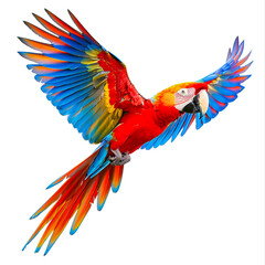 Fototapeta premium A vibrant parrot spreads its colorful wings wide in mid-flight.