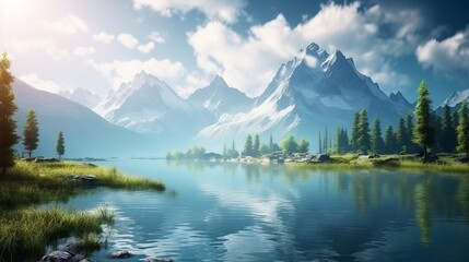 Fototapeta na wymiar Beautiful mountain lake and natural environment in the morning Picturesque