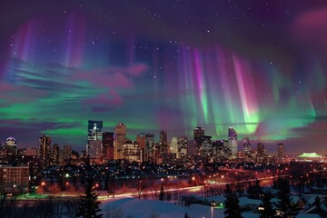 Northern lights over a bustling cityscape at night, showcasing nature's grandeur juxtaposed with urban life.