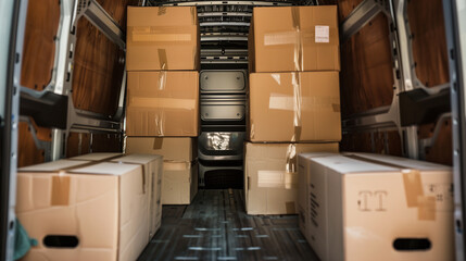 cardboard boxes in a shipping van on the way for delivery, shipping or logistics business concept, shipping business background 