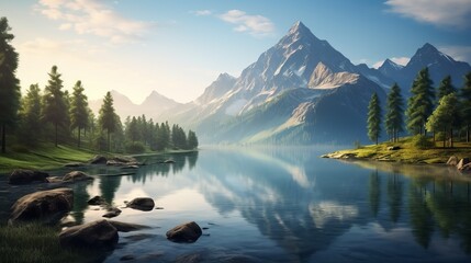 Beautiful mountain lake and natural environment in the morning Picturesque - obrazy, fototapety, plakaty