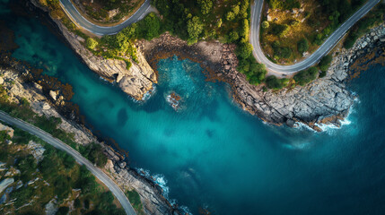 Aerial view of road, rocky sea coast with waves and stones at sunset in Lofoten Islands, Norway. Landscape with beautiful road, transparent blue water, rocks. Top view from drone of highway in summer. - obrazy, fototapety, plakaty