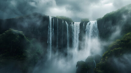 Dramatic shot of waterfall with stormy clouds and weather