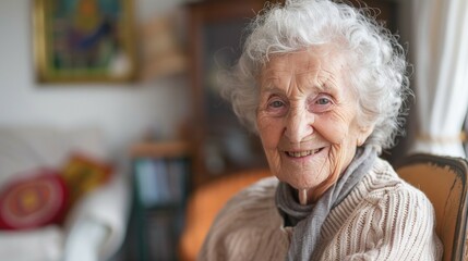 An elderly woman smiling contentedly at her computer screen, having just navigated her insurance details effortlessly.
