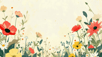 A beautiful scene of various wildflowers in bloom, creating a picturesque vintage look with a banner with blank space