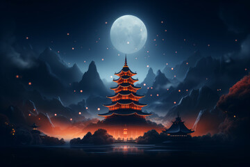 A beautiful pagoda illuminated by lanterns at night, with the moon shining brightly in the sky. The pagoda is a traditional Chinese building that is often used as a place of worship.