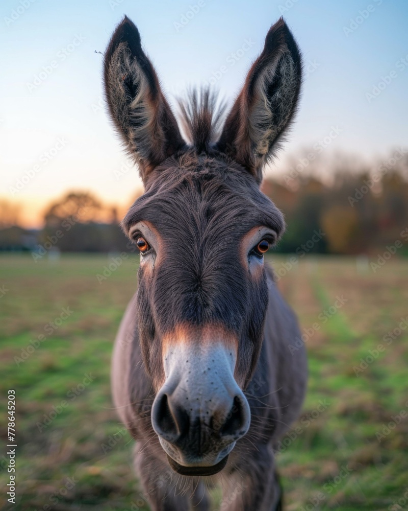 Poster a donkey standing in a field with grass and trees behind it. generative ai.
