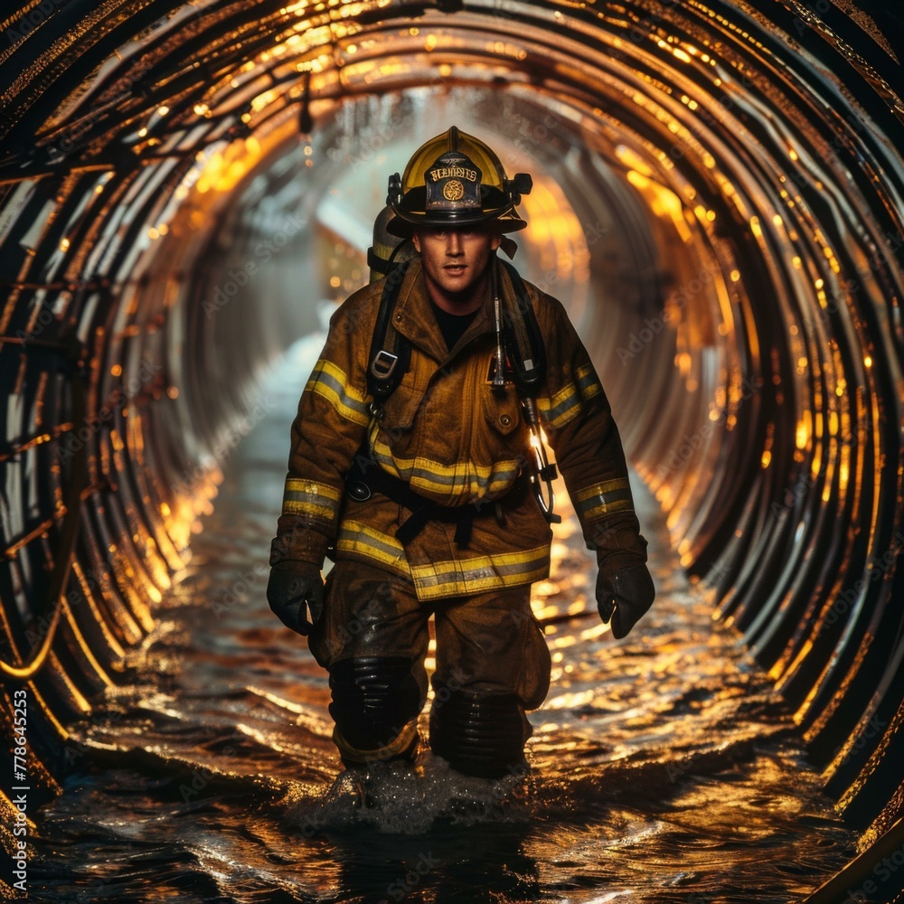 Poster a fireman in a tunnel with water and rocks. generative ai.