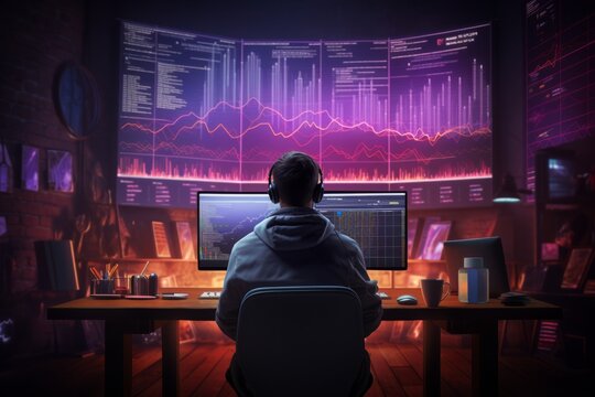Young male programmer working on computer in colorful LED room. Back view Trader male specialist man on desktop pc computer, typing Program development or Algorithmic Trader concept.