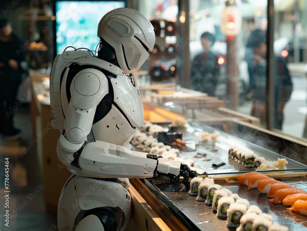 Poster a robot is preparing sushi in a restaurant with other robots. generative ai.
