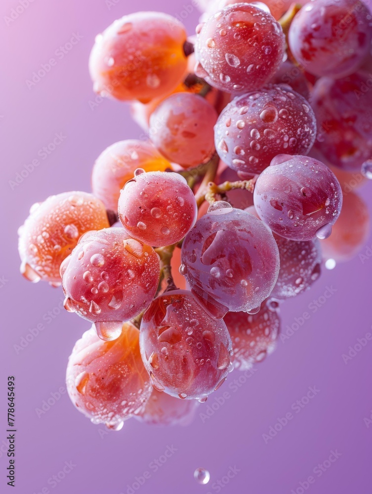 Poster a bunch of grapes with water droplets on them are hanging from a vine. generative ai.