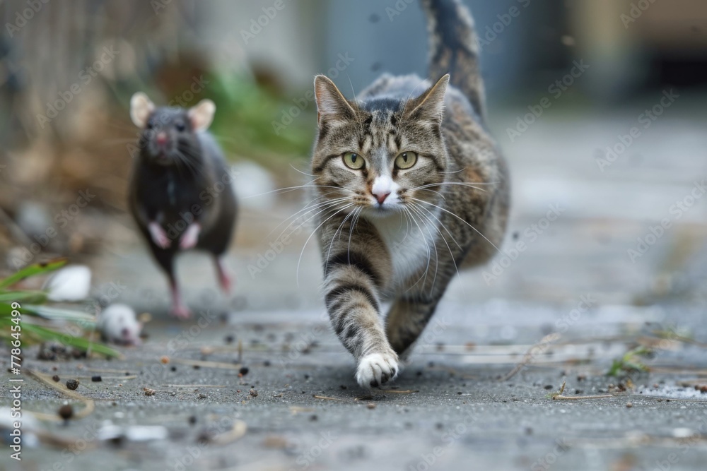 Poster a cat running away from a mouse on the ground. generative ai.