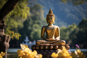A serene Buddha statue rests peacefully amidst the beauty of nature. The Buddha statue nestled amidst the breathtaking beauty of nature emanates a sense of serenity and peace.