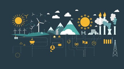 An infographic of global power flow, with icons for oil, coal, sun, wind, and hydro. - obrazy, fototapety, plakaty