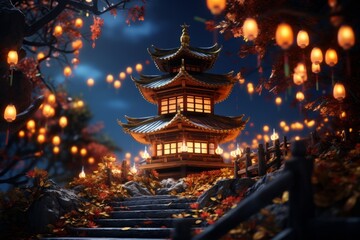 A beautifully lit small pagoda surrounded by lanterns at night. The pagoda is a traditional Chinese building that is often used as a place of worship especially during festivals. - obrazy, fototapety, plakaty