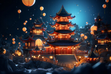 A beautifully lit small pagoda surrounded by lanterns at night. The pagoda is a traditional Chinese building that is often used as a place of worship especially during festivals.