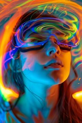 Fototapeta premium A woman wearing goggles with a colorful background. Generative AI.