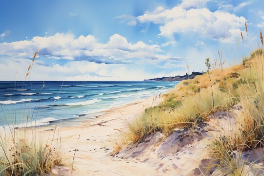 A watercolor painting of beach grasses swaying in the sea breeze, capturing the beauty and tranquility of the scene. Summer vacation season concept.